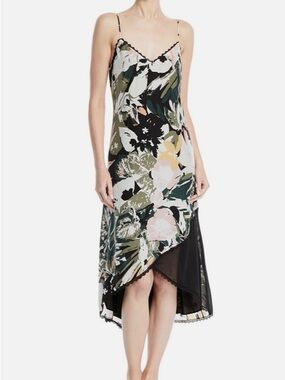 Club Monaco silk Floral Asymmetrical Slip Dress with Pink and Olive Print